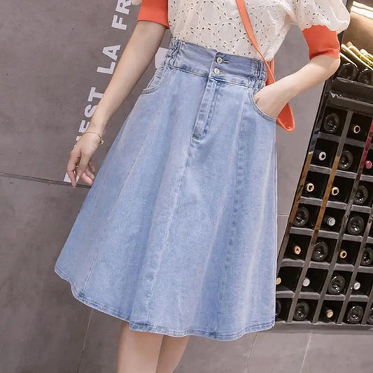 Blue Denim Midi Skirt 2022 Summer Women High Waisted Button Up With Pockets Ladies Washed Vintage Streetwear Slit Jean Skirts